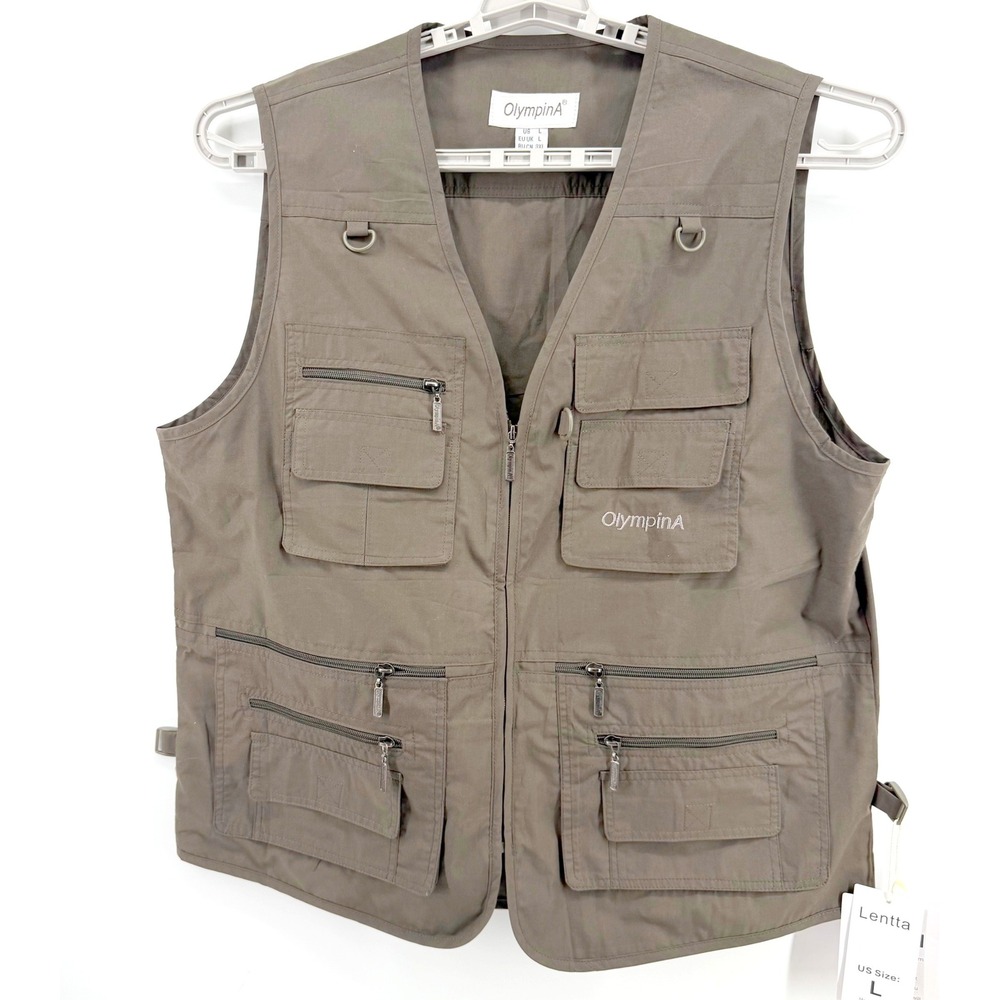 OlympinA Utility Fishing Vest Mens Large Brown NEW Multi Pocket Tactical Cargo